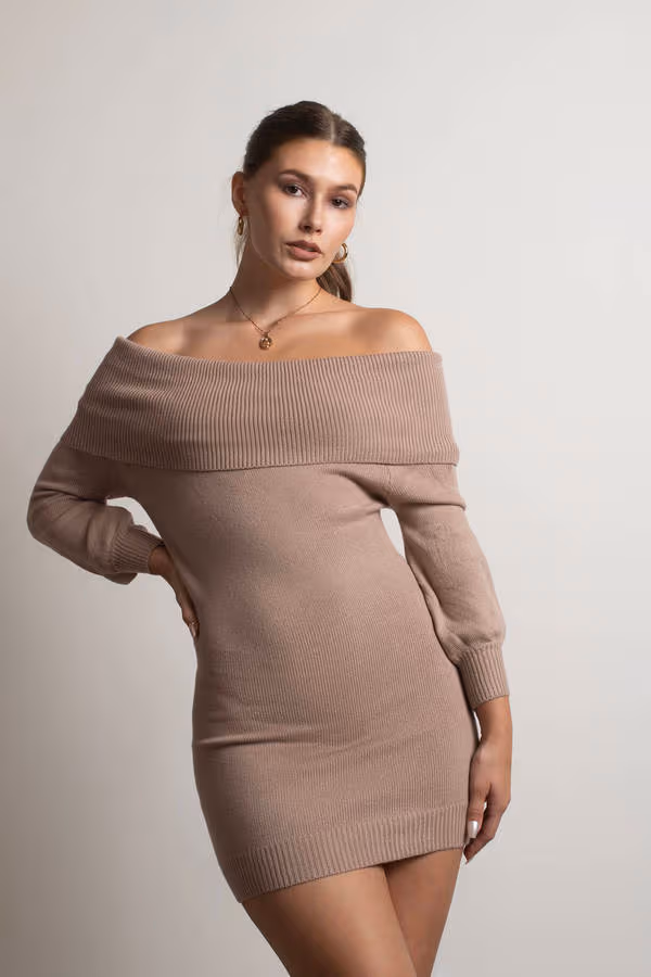 Allyson Ribbed Knit Sweater Mini Dress - Beige