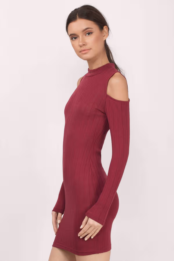 Juliette Ribbed Cold Shoulder Mini Dress - Wine