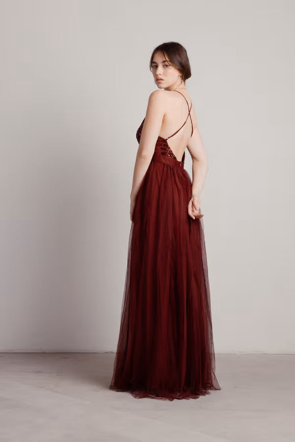 Kristina Plunging Tulle Maxi Dress - Wine