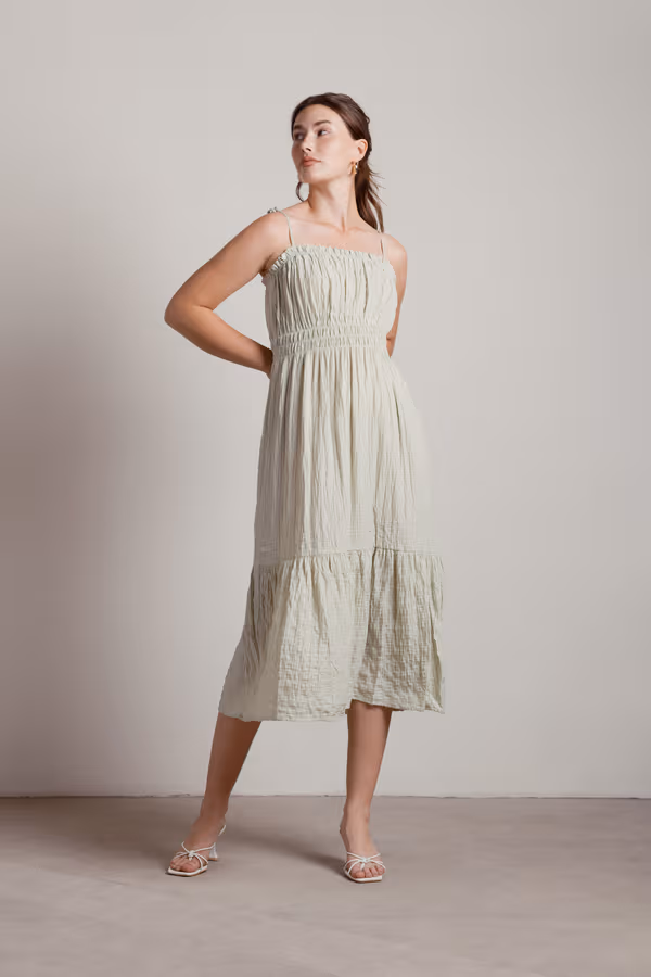 Let Me Down Slowly Crinkle Smocked Midi Dress - Green