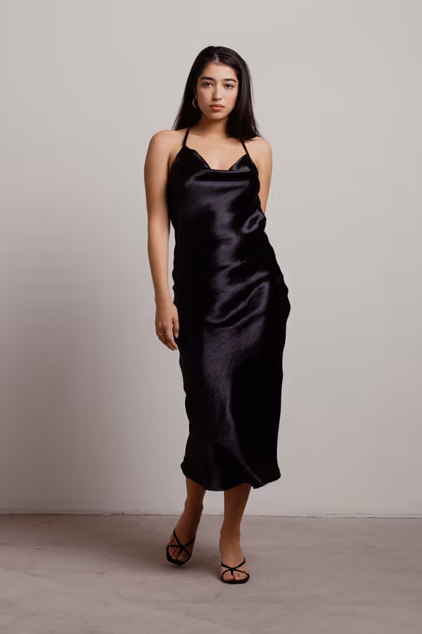 So Shiny Satin Cross Back Midi Dress - Black