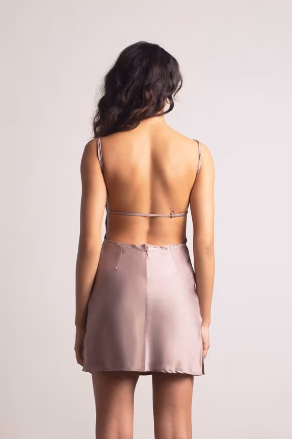 So Into You Backless Satin Mini Dress - Mocha