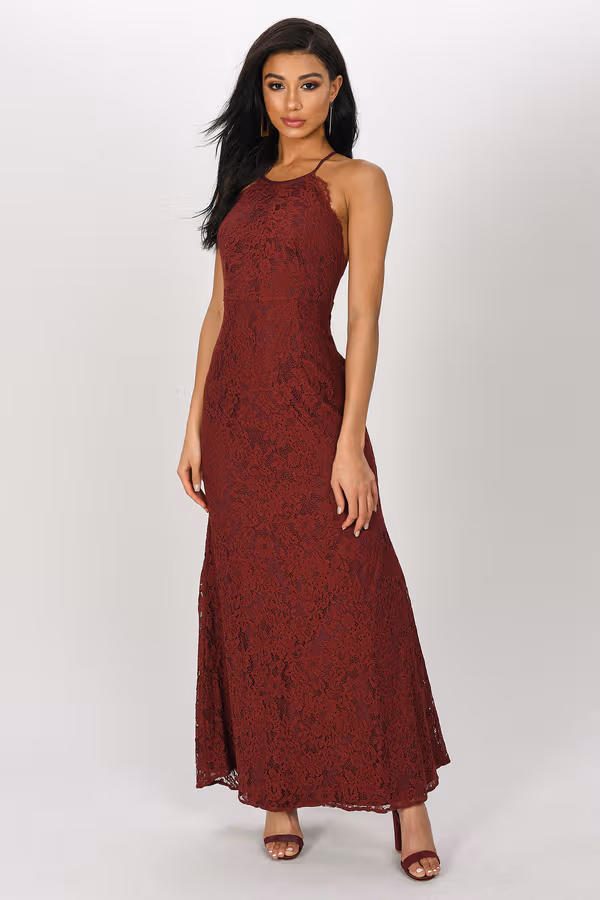 Joanna Lace Halter Maxi Dress - Wine