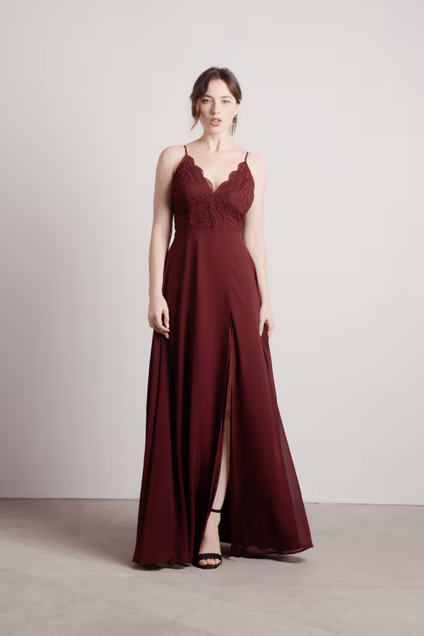 Unforgettable Lace High Slit Maxi Dress - Burgundy