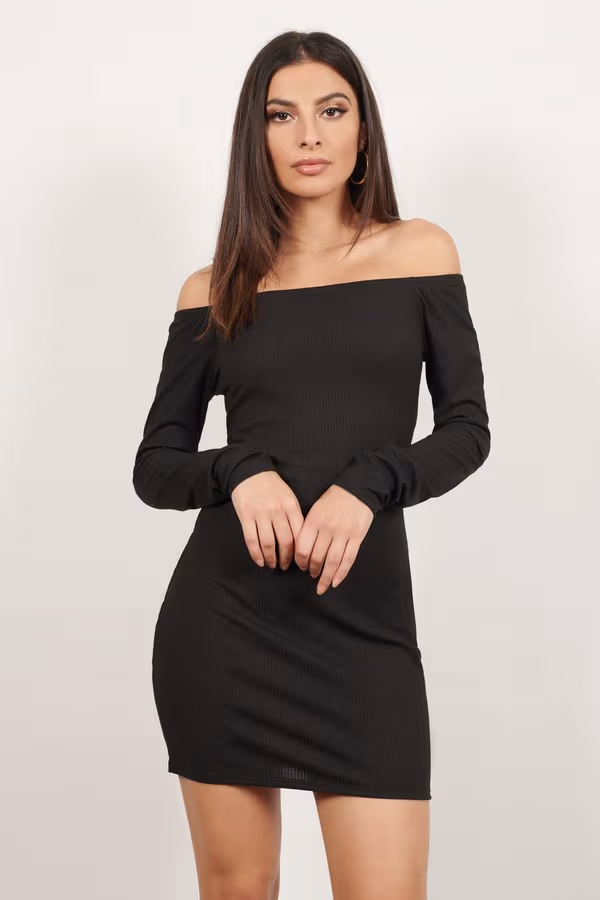 Off My Shoulder Ribbed Bodycon Mini Dress - Black