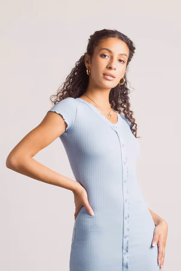 Nanae Ribbed Button Up Mini Dress - Blue