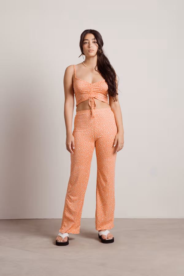 On My Mind Floral Crop Top and Pants Set - Coral