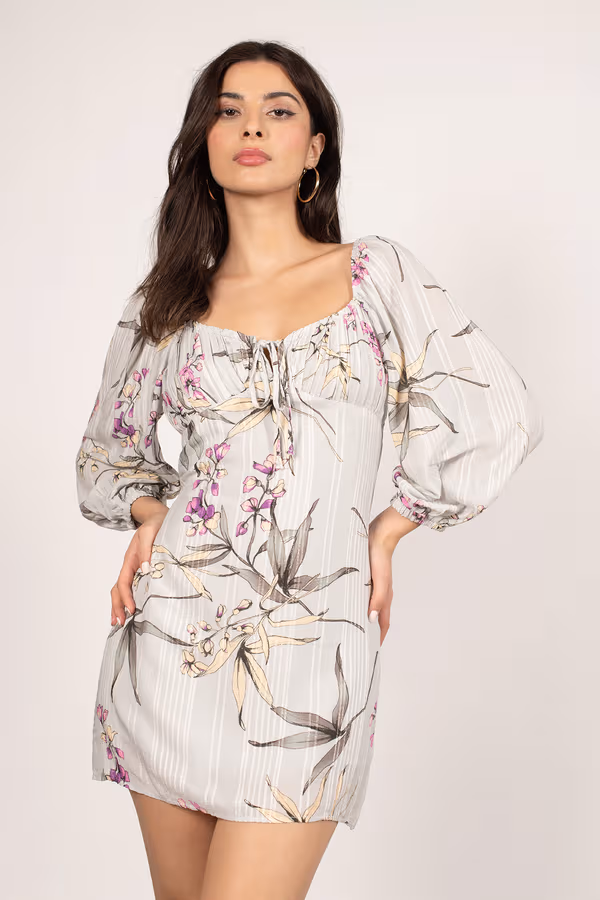 Spring Fling Floral Bustier Mini Dress - Light Grey