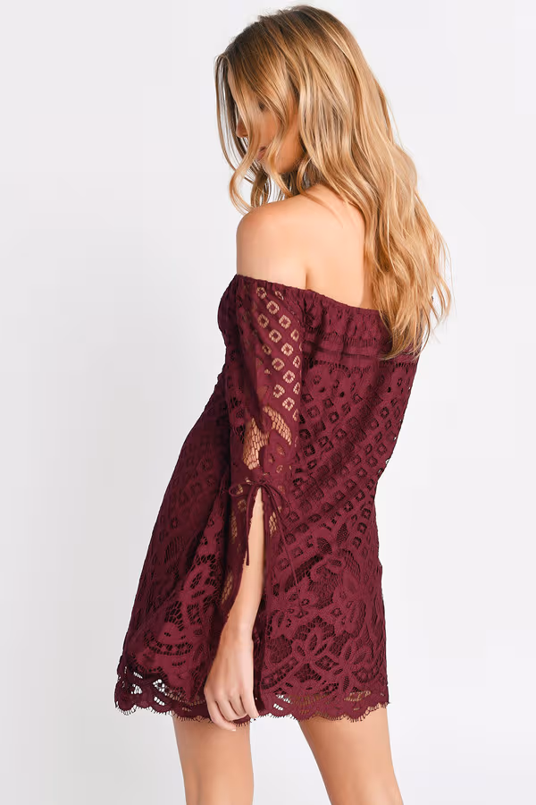Take My Hand Off The Shoulder Lace Mini Dress - Wine