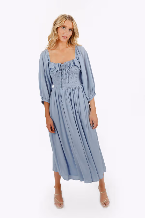 Ariadne Geri Dress Square Neck Smocked Midi Dress - Sky Blue