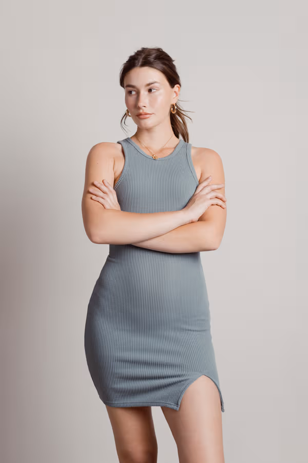 Keep It Basic Ribbed Knit Bodycon Mini Dress - Beige