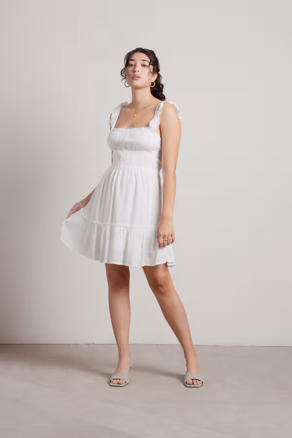 Dime Piece Smocked Square Neck Mini Dress - Beige