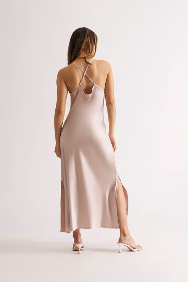 Theodora Satin Cowl Neck Midi Dress - Rose