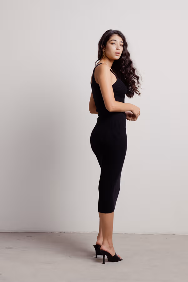 Impress Me Ribbed Bodycon Midi Dress - Black