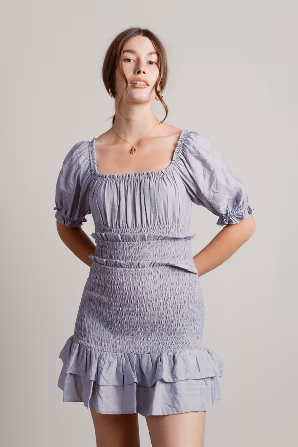 Almost Love Smocked Tiered Mini Dress - Silver