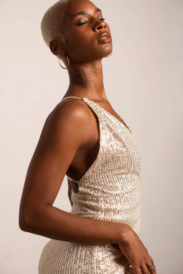 Happy Now Sequin Cross Back Mini Dress - Beige