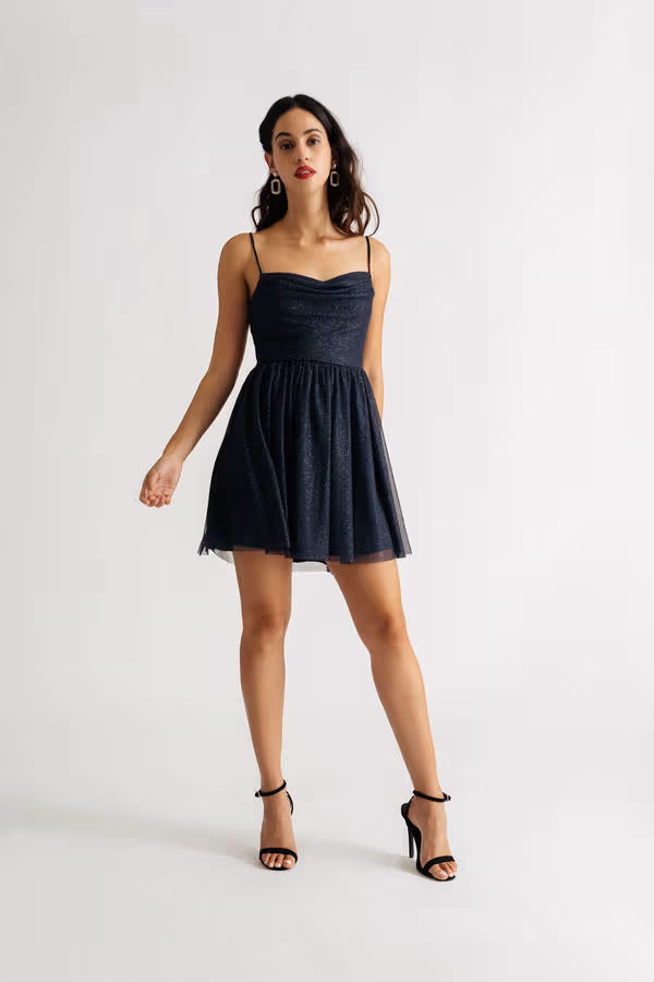 Chatting You Up Glitter Skater Mini Dress - Navy