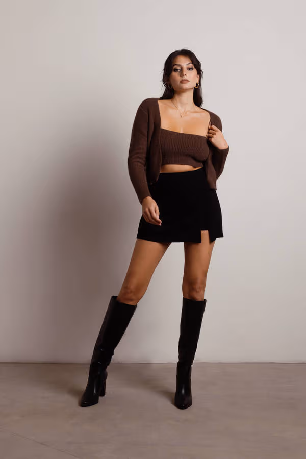 Beatrice Fuzzy Crop Top and Cardigan Set - Brown