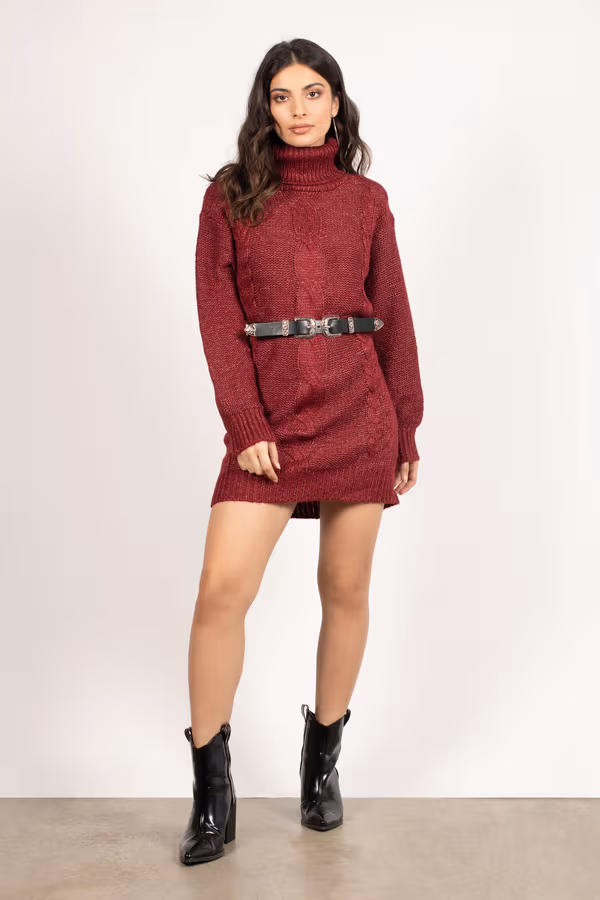 Stay Home Turtleneck Sweater Mini Dress - Wine