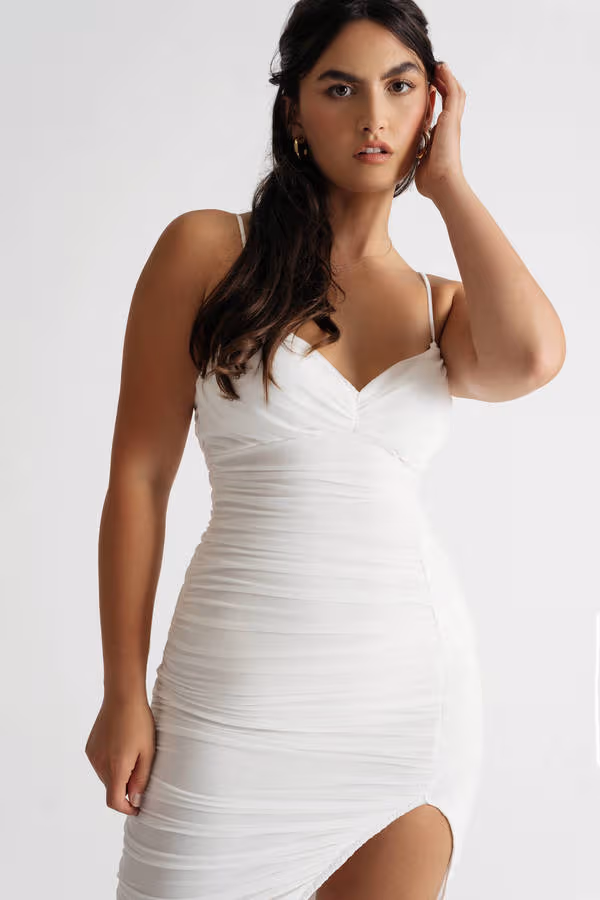 Keep It Up Ruched Bodycon Mini Dress - Camel