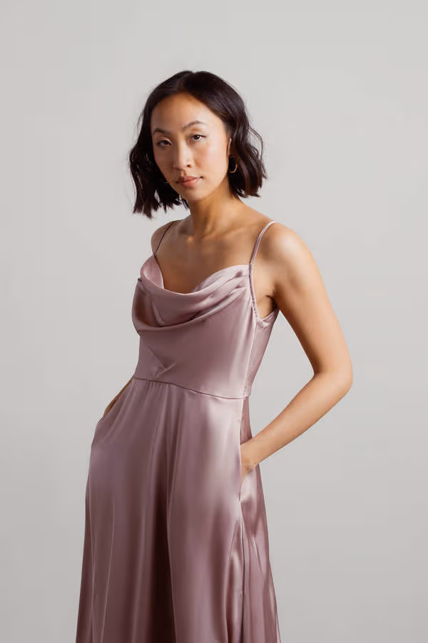 Alessandra Mauve Cowl Neck Satin Maxi Dress