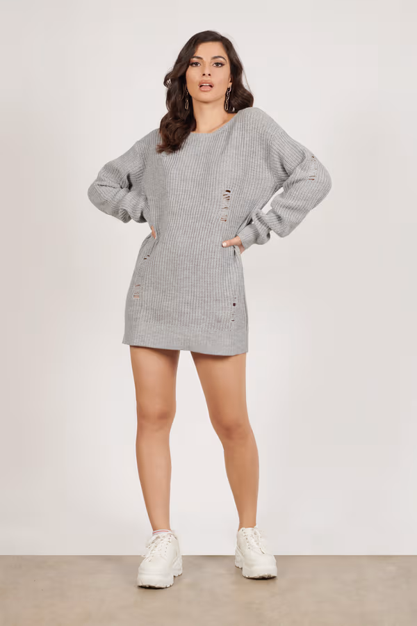 Complicated Distressed Sweater Mini Dress - Heather Grey