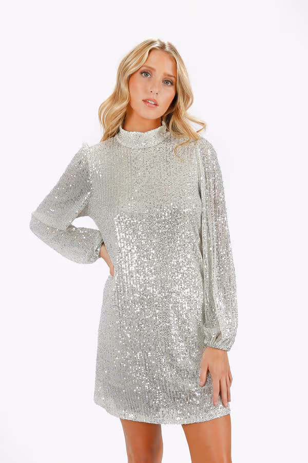 Kielle Sequin Mock Neck Mini Dress - Silver