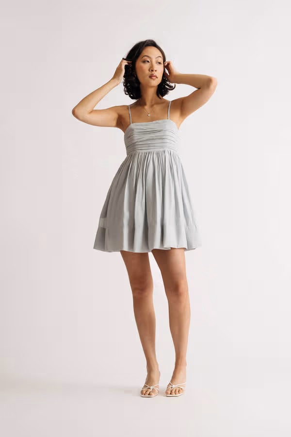 Alala Blue Pleated Gathered Babydoll Mini Dress