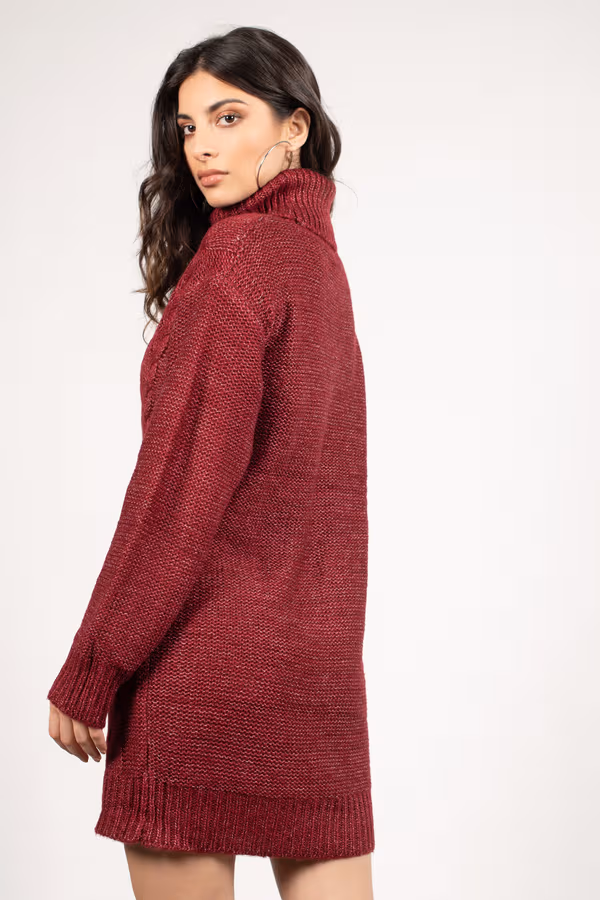 Stay Home Turtleneck Sweater Mini Dress - Wine