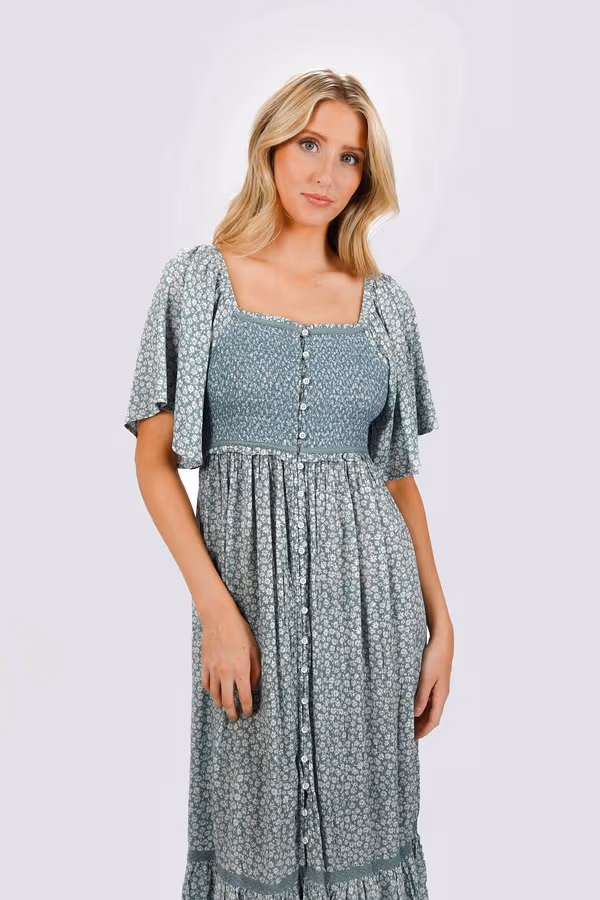 Maeve Smocked Buttoned Midi Dress - Sage