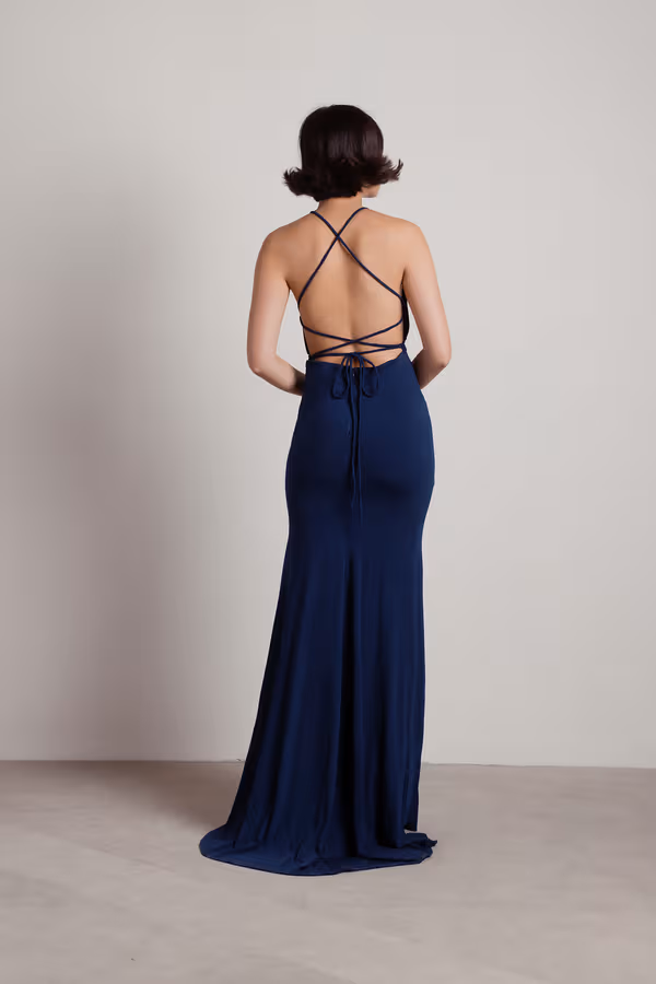 Another Night Out Halter Cross Back Maxi Dress - Navy