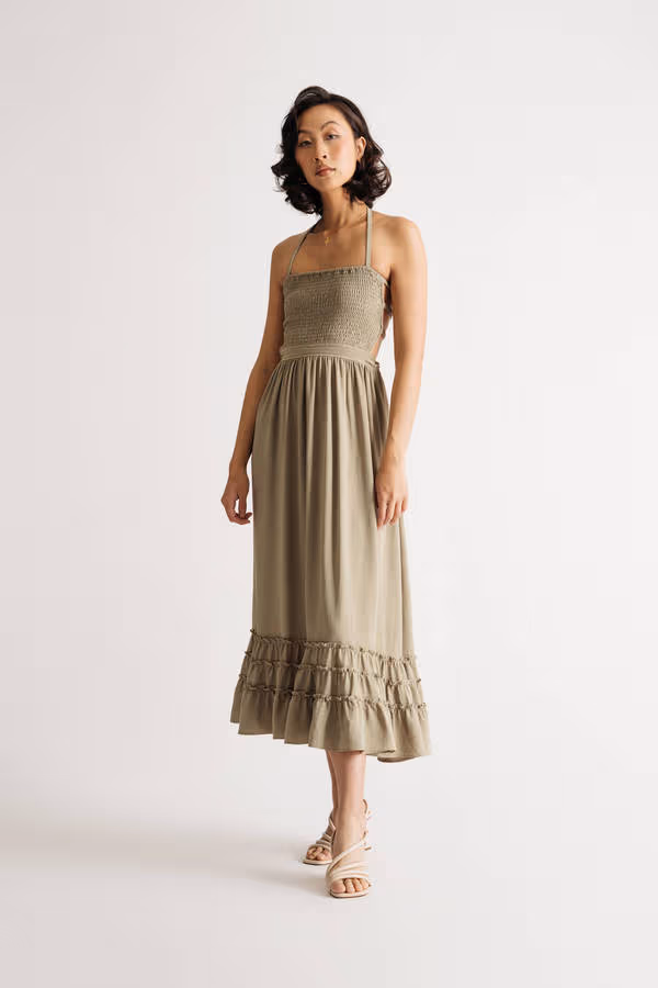 On To Something Smocked Open Back Midi Dress - Olive
