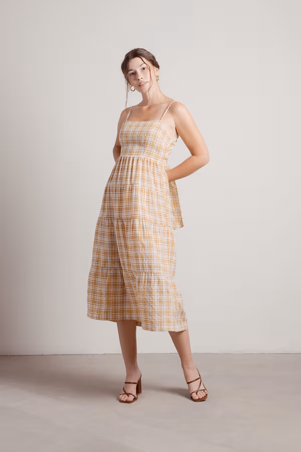 Soak Up The Sun Plaid Cami Midi Dress - Tan
