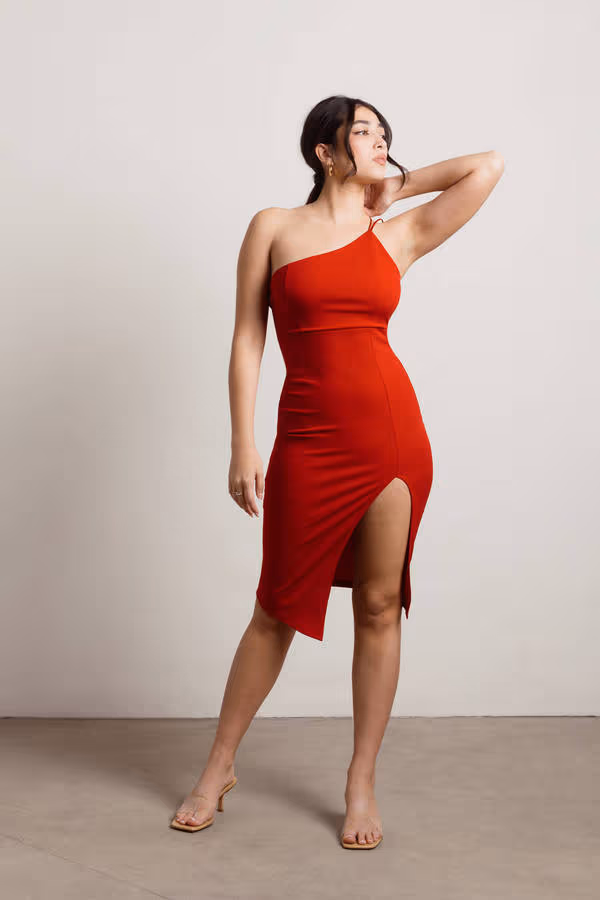 Yours Only One Shoulder High Slit Midi Dress - Red