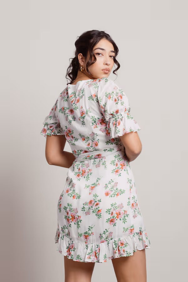 Some Perspective Floral Plunging Mini Dress - White Multi