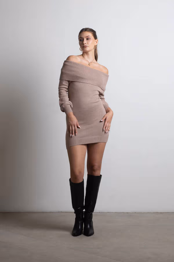 Allyson Ribbed Knit Sweater Mini Dress - Beige