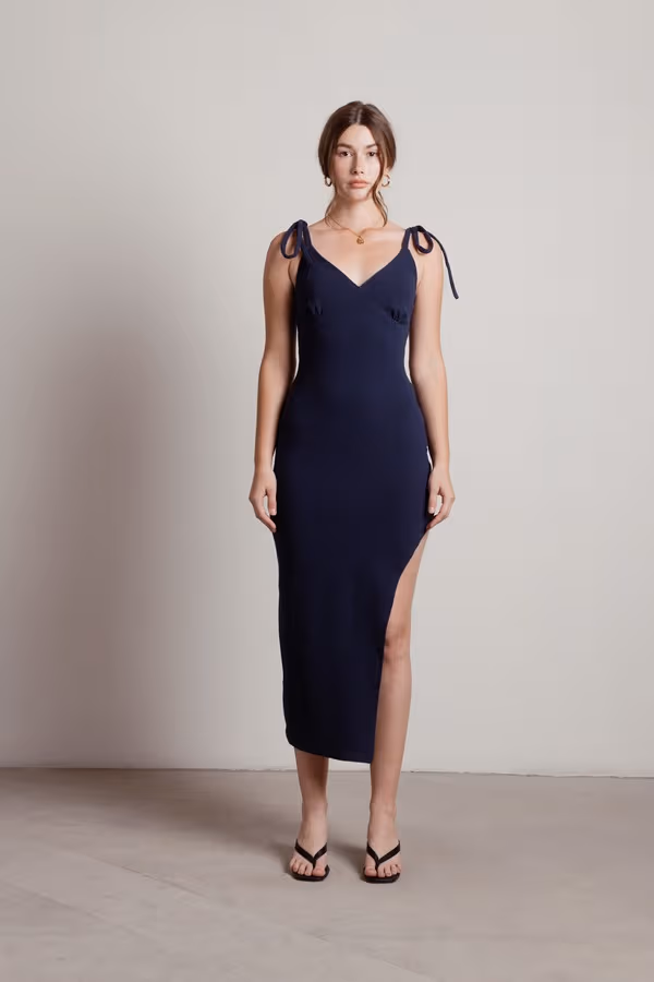 Kels Tie Strap Slit Midi Dress - Navy