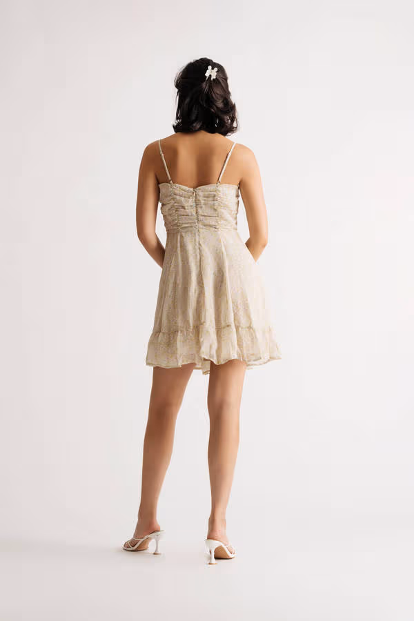 Jannette Floral Skater Mini Dress - Beige Multi