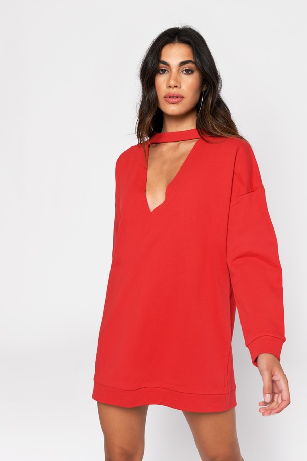 Not Your Average Oversized Plunging Mini Dress - Red