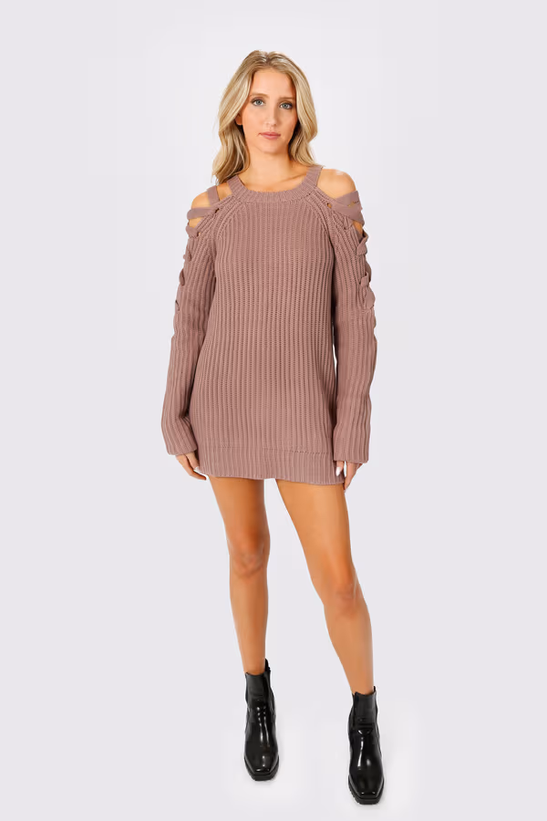 Miracle Lace Up Sweater Mini Dress - Mauve