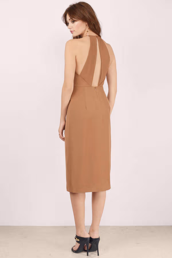 Finders Keepers Guilty Pleasure Open Back Slit Midi Dress - Tan