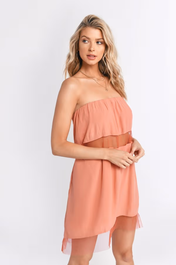 Only Girl Strapless Mesh Hem Mini Dress - Rust