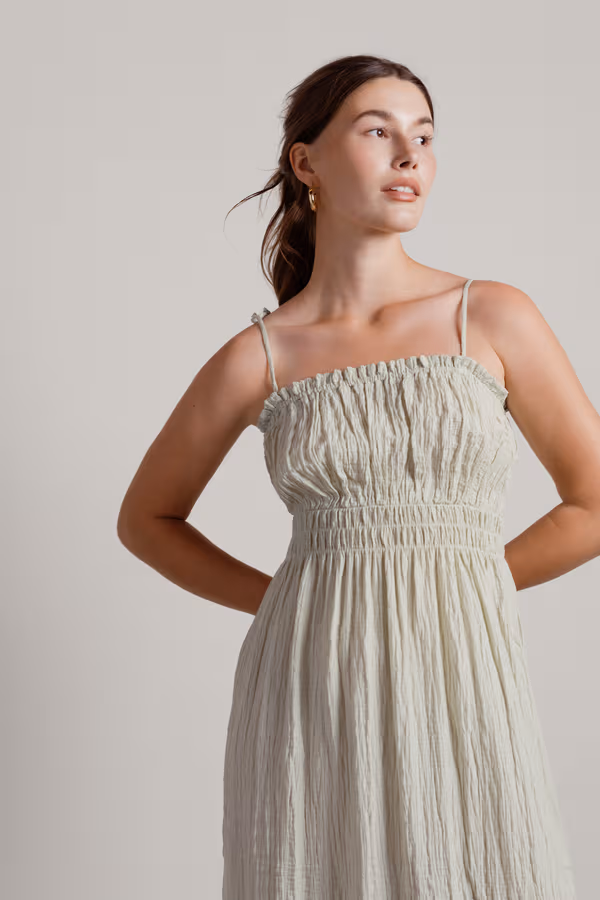 Let Me Down Slowly Crinkle Smocked Midi Dress - Green