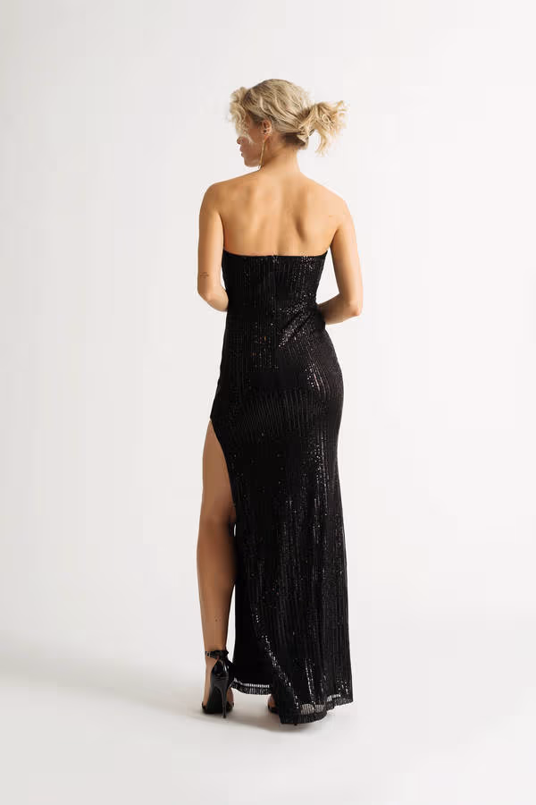 Feverish Sequin High Slit Maxi Dress - Black