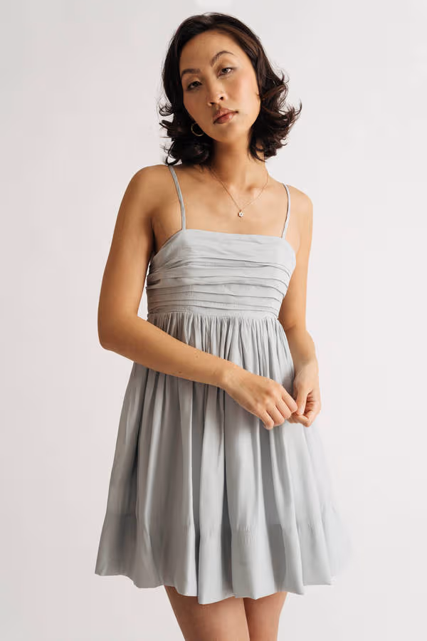 Alala Blue Pleated Gathered Babydoll Mini Dress