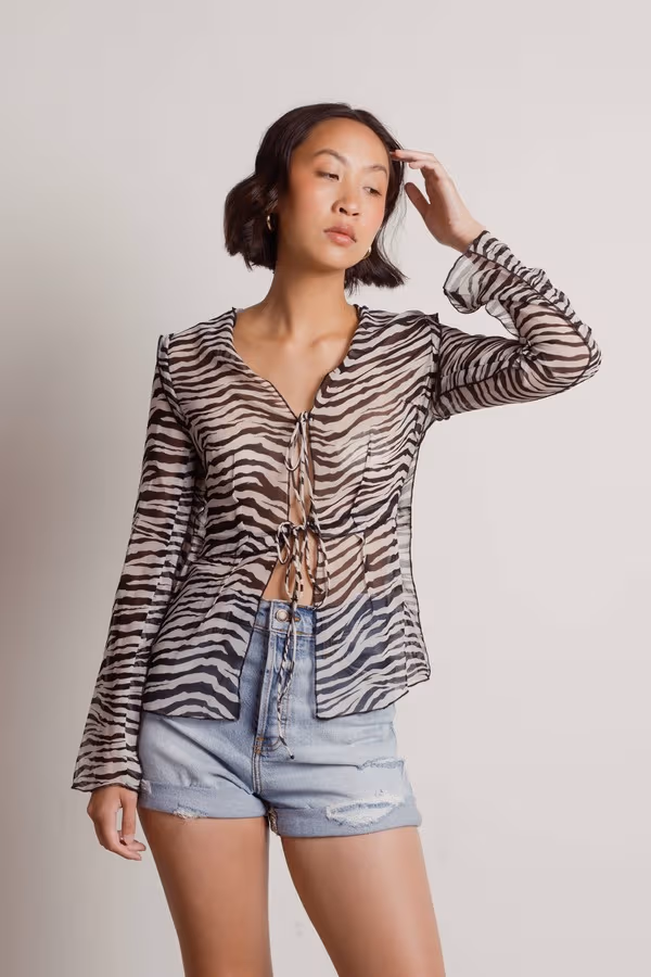 Take Me Out Again Front Tie Blouse - Black & White