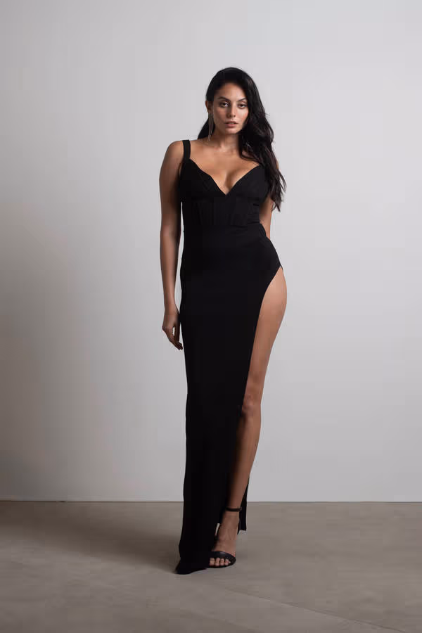 All Over Me Corset High Slit Maxi Dress - Black