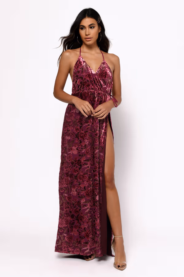 Yulia Backless High Slit Maxi Dress - Wine