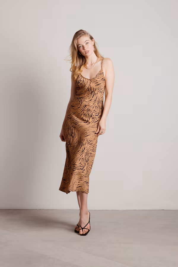 Hear Me Purr Tiger Print Slip Midi Dress - Mocha