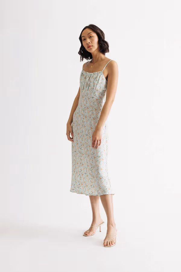 Summer Gaze Floral Ruched Midi Dress - Sage Multi